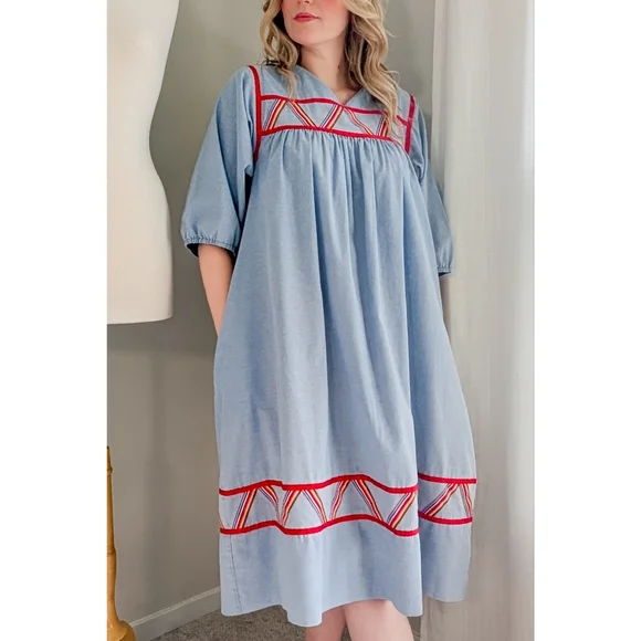 70s Blue Krist Gudnason for Rainbow Trim Cotton 1970s Vintage Midi Shift Dress - Picture 13 of 15